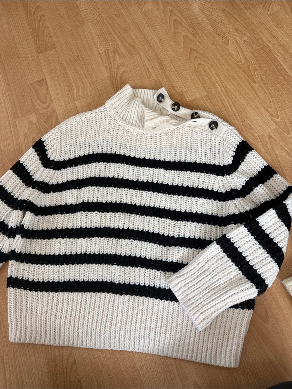 Zara Striped Button-Shoulder Knit Sweater - White/Black